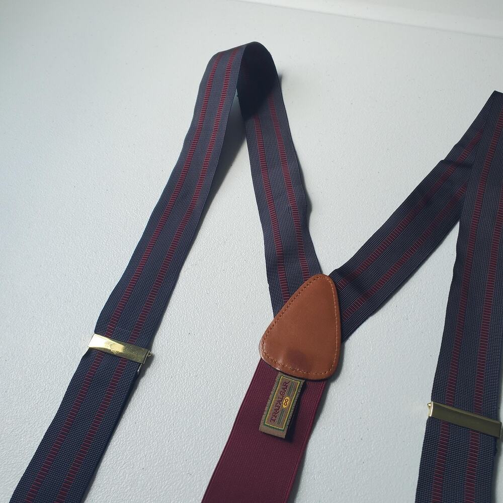 Trafalgar Suspenders Mens One Size Blue Burgundy Stripe Leather Button Braces